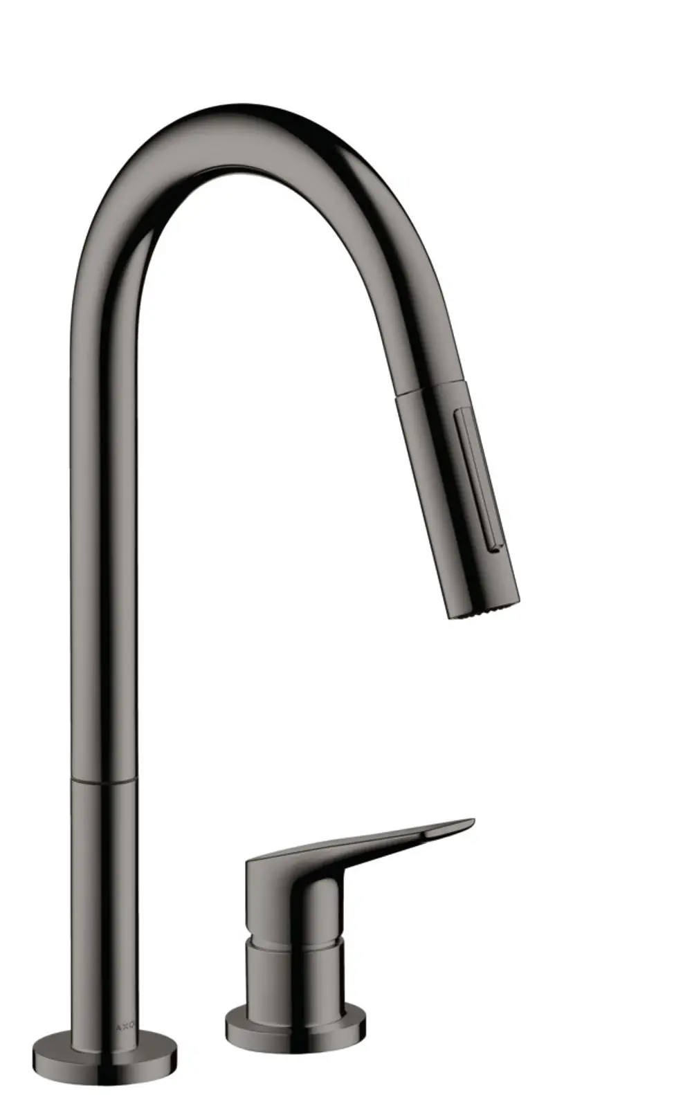Küchenmischer mit Ausziehbrause in Polished Black Chrome von AXOR, bestehend aus einer hohen gekrümmten Armatur und einem separaten Hebel für Wassersteuerung.